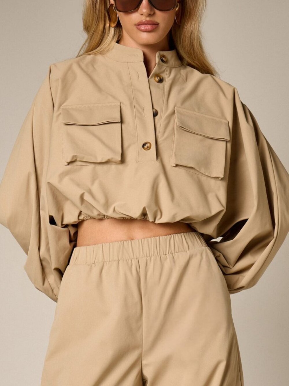 Khaki Casual Women's Lightweight Cropped Oversized Utility Jacket
